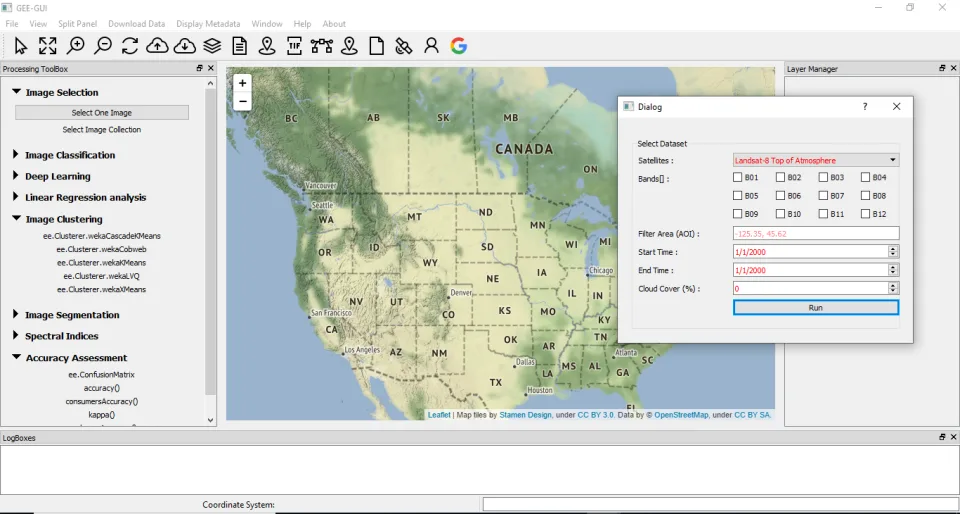 Google Earth Engine App image selection dialog for satellite, bands, area, dates, and cloud cover