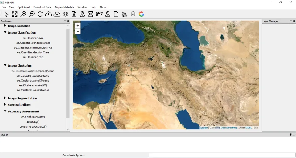 Google Earth Engine App main window with toolboxes, map, and layer manager