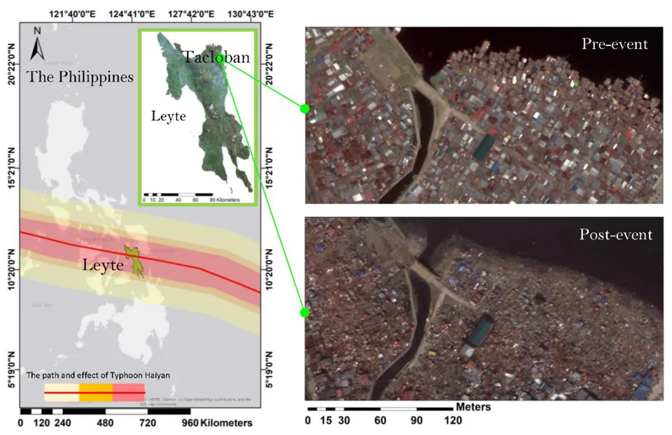 Typhoon Haiyan path over Leyte island, with before and after imagery of Tacloban