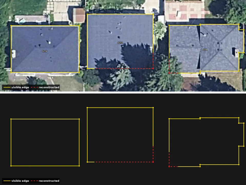 Roof outlines of three houses, with the edges hidden by trees reconstructed at right angles