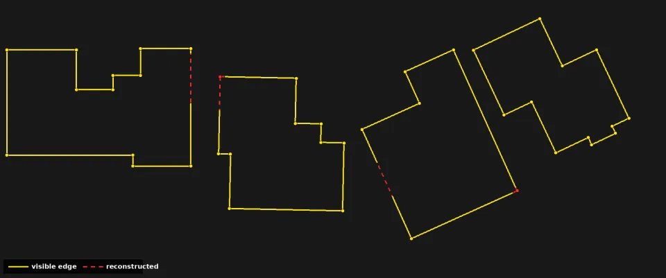 Clean right-angled roof outlines of four more houses, with the edges hidden by trees reconstructed