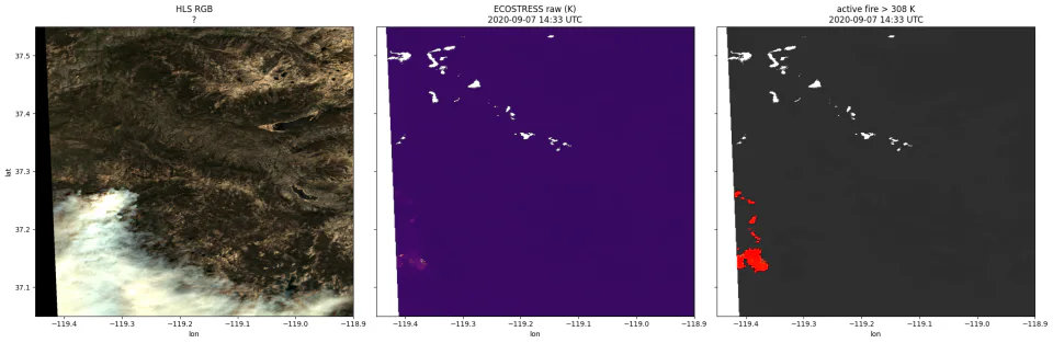 HLS true color, ECOSTRESS brightness temperature, and flagged active fire pixels