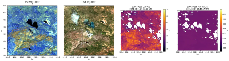 Sentinel-2 SWIR and true color next to ECOSTRESS land surface temperature for the same fire