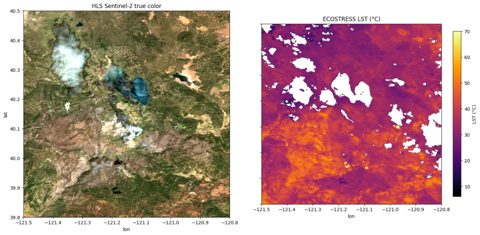 HLS Sentinel-2 true color compared with ECOSTRESS land surface temperature